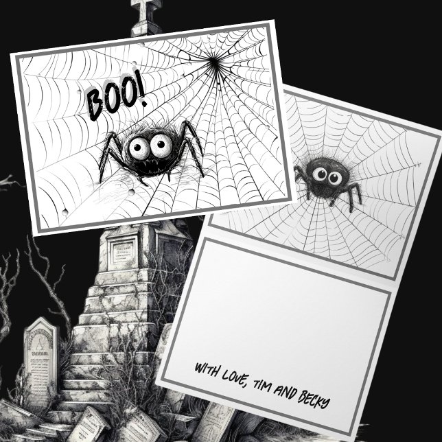 Niedliche Schwarzweißspinnen | Spider-WebHalloween Karte (Cute Black and White spiders and spider web customizable Halloween greeting cards.)
