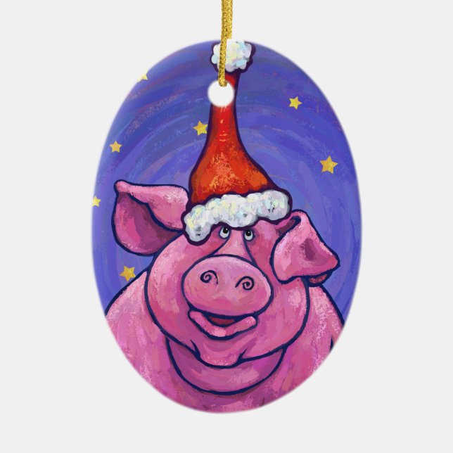 Niedliche Schwein-Weihnachtsverzierung Keramikornament (Vorne)