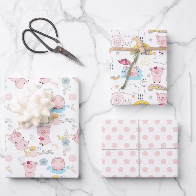 Niedliche Schweine Geschenkpapier Set (Vorderseite)