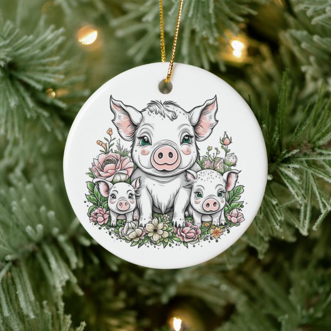 Niedliche Schweine und Ferkel bei Blume Keramik Ornament (Baum)
