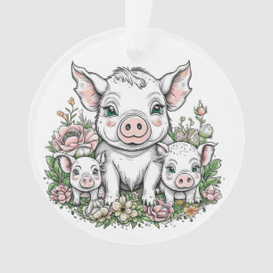 Niedliche Schweine und Ferkel bei Blume Ornament