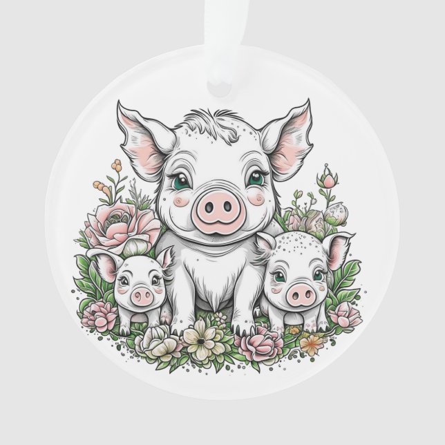 Niedliche Schweine und Ferkel bei Blume Ornament (Vorderseite)