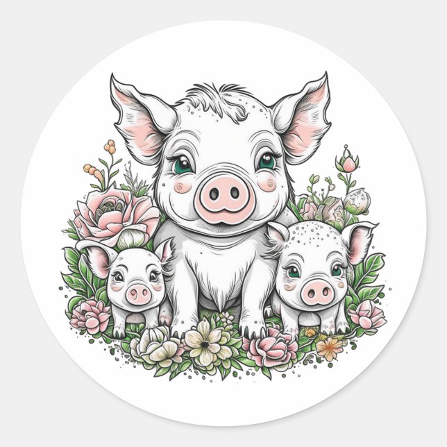 Niedliche Schweine und Ferkel bei Blume Runder Aufkleber (Vorderseite)