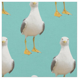 Niedliche Seemöwe auf einem hellen aquamarinen Stoff