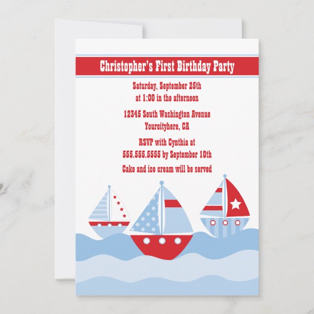 Niedliche Segelboot-Geburtstags-Party Einladung (Vorderseite)