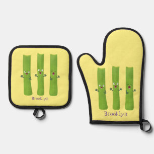 Niedliche Sellerie Sticks Trio Cartoon Gemüse Ofenhandschuh & Topflappen-Set