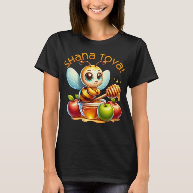 Niedliche Shana Tova Honey Bee with Apples T-Shirt (Vorderseite)