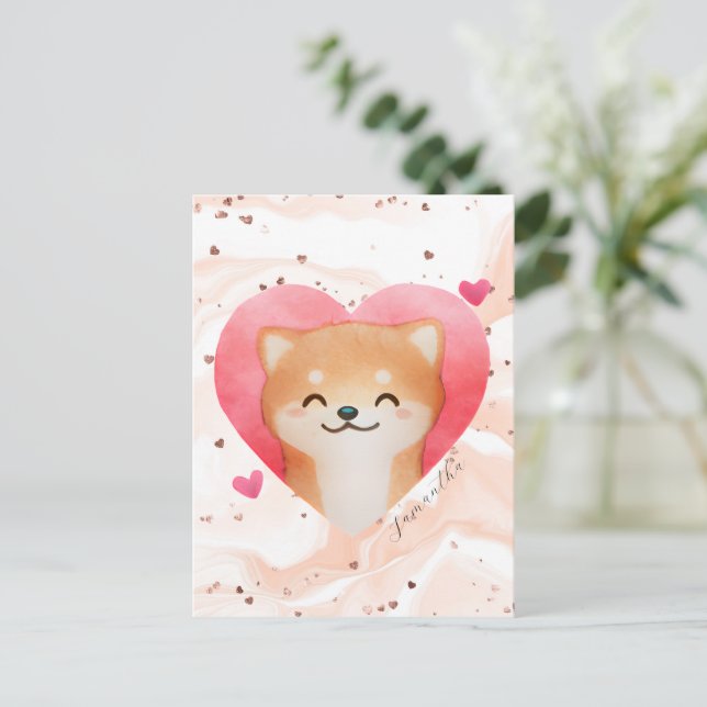 Niedliche Shiba Inu im Herzen Postkarte (Stehend Vorderseite)