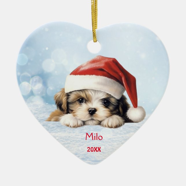 Niedliche Shih Tzu Welppy Dog Weihnachtsmannmütze  Keramik Ornament (Vorne)