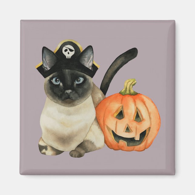 Niedliche Siamese Pirate Katze mit Kürbislaterne Magnet (Vorne)