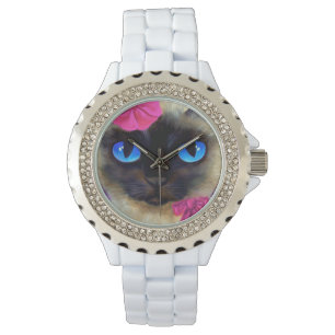 Niedliche Siamesen Katze Elegant Rosa Blütenblatt Armbanduhr