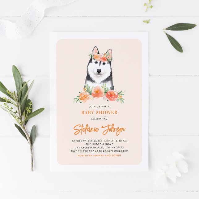 Niedliche sibirische Husky Peach Floral Baby Dusch Einladung (Von Creator hochgeladen)