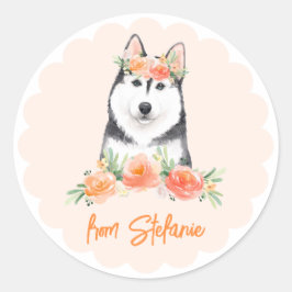 Niedliche sibirische Husky- und Peach-Blume Geburt Runder Aufkleber