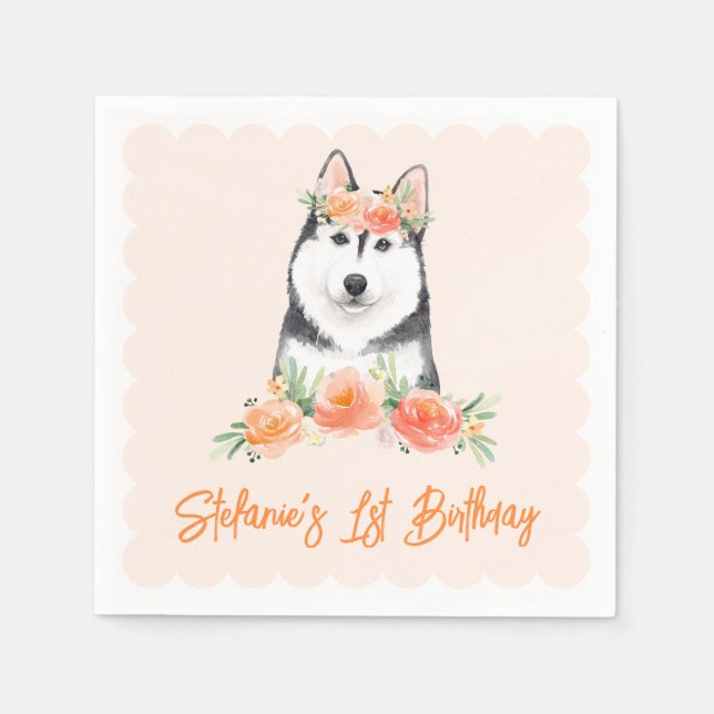 Niedliche sibirische Husky- und Peach-Blume Geburt Serviette (Vorderseite)
