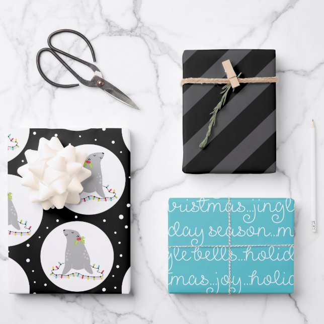 Niedliche Siegel Weihnachtswrapping Paper Sheets Geschenkpapier Set (Vorderseite)