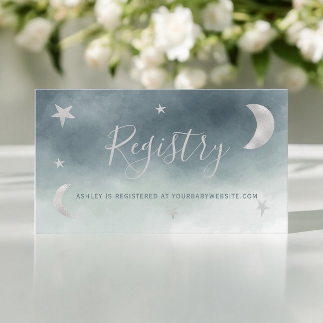 Niedliche Silbermondsterne Blaue Babydusche Begleitkarte (Cute silver moon stars blue registry baby shower enclosure card)