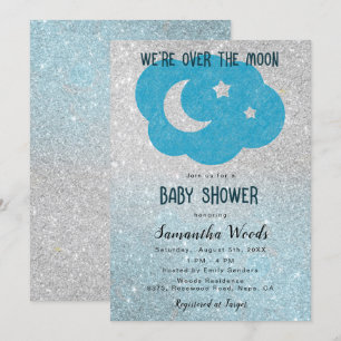 Niedliche Silver and Blue Glitzer Moon Baby Dusche Einladung