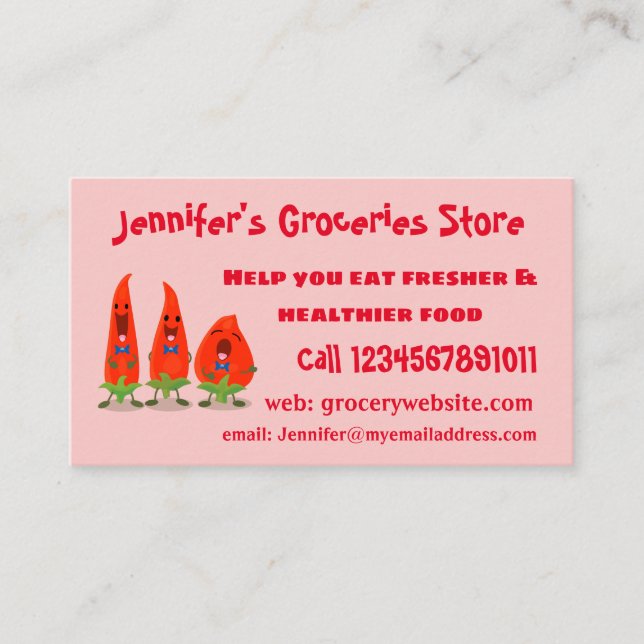 Niedliche Singen Chili Paprikaschoten Cartoon Illu Visitenkarte (Vorderseite)