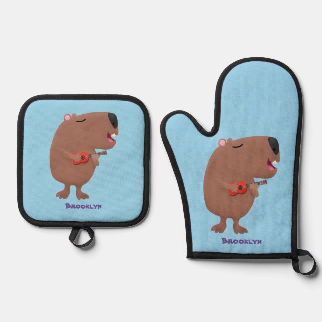Niedliche singende Capybara ukulele Cartoon Illust Ofenhandschuh & Topflappen-Set (Vorderseite)