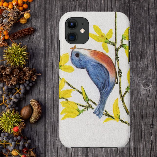 Niedliche Singing Blue Bird Tree Branch Case-Mate iPhone Hülle (Pretty blue and red bird singing on branch with yellow flowers on faux textured white phone case.)