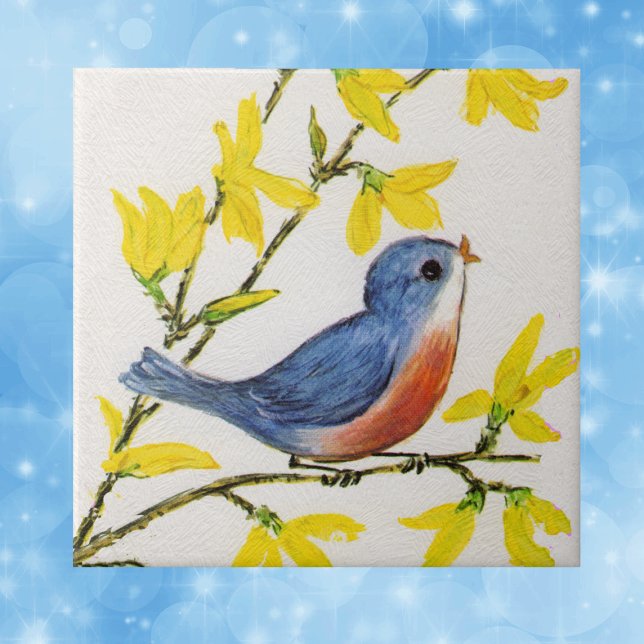 Niedliche Singing Blue Bird Tree Branch Fliese (Sweet blue red bird on branch yellow flowers on faux textured white decorative tile.)