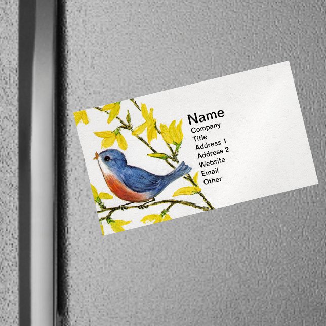 Niedliche Singing Blue Bird Tree Branch Magnetische Visitenkarte (Little singing red and blue bird on branch yellow flowers on white magnetic business cards.)