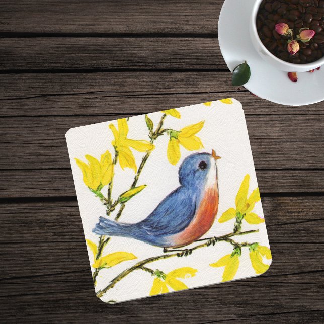 Niedliche Singing Blue Bird Tree Branch Untersetzer (Little blue and red bird on branch yellow flowers on white textured look paper drink coaster.)
