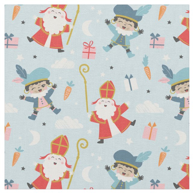 Niedliche Sinterklaas und Muster auf blau Stoff (Nahaufnahme)
