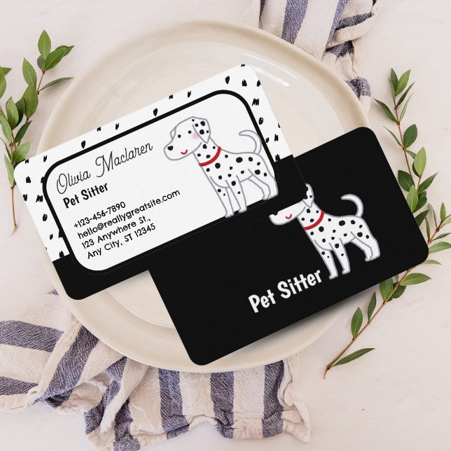Niedliche Sitzplatzkarte - Schwarz & Weiß Visitenkarte (Cute Pet Sitter Business Card – Black & White Design)