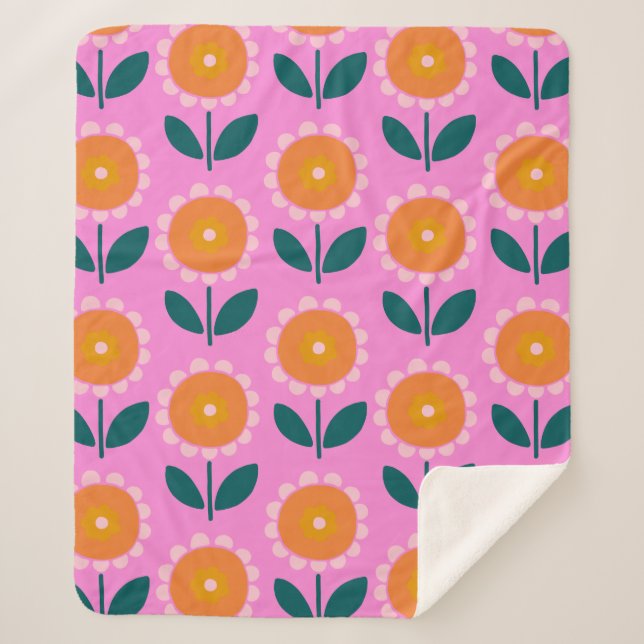 Niedliche skandinavische Blume in Rosa und Orange Sherpadecke (Vorderseite)