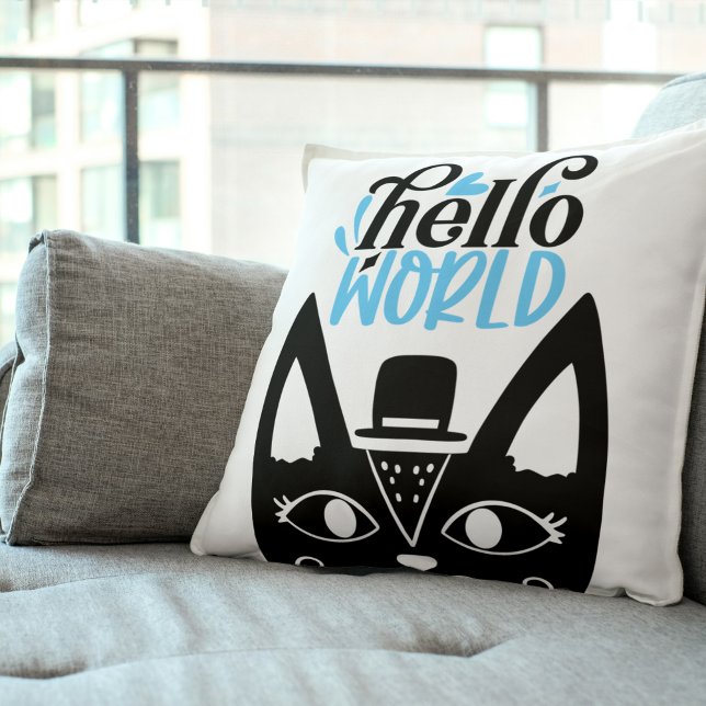 Niedliche skandinavische Katze mit der Hallo-Welt Kissen (Fun Black and Blue Hello World Cat Throw Pillow)