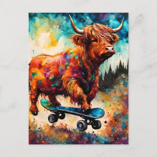 Niedliche Skateboarding Highland Cow Postkarte
