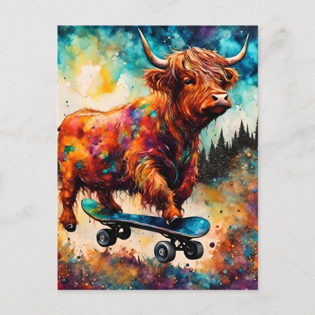 Niedliche Skateboarding Highland Cow Postkarte (Vorderseite)