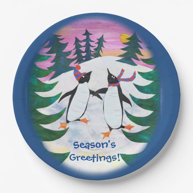 Niedliche Skaten-Pinguine-Schneeballplatte Pappteller (Vorderseite)