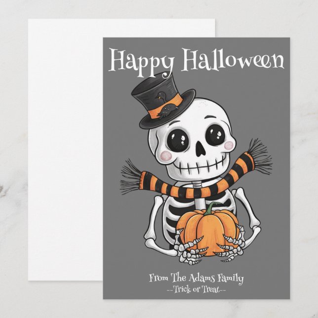 Niedliche Skelettabbildungskarte Flat Holiday Card Feiertagskarte (Vorne/Hinten)