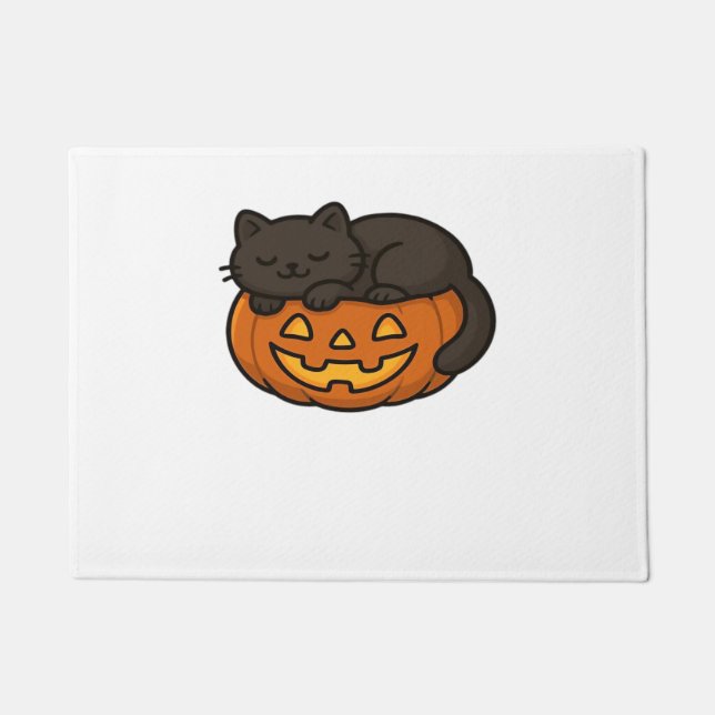Niedliche Sleepy Black Cat an einem KürbisHallowee Fußmatte (Vorderseite)