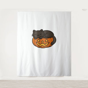 Niedliche Sleepy Black Cat an einem KürbisHallowee Wandteppich
