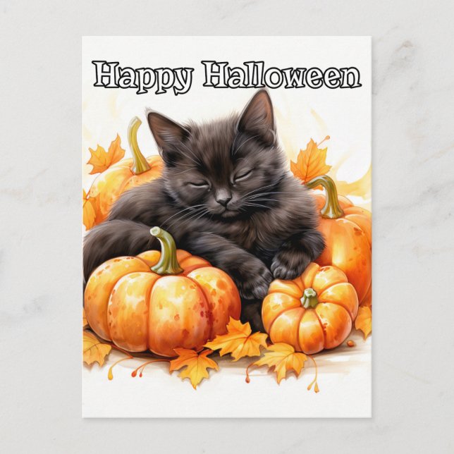 Niedliche Sleepy Little Black Halloween Kitten Postkarte (Vorderseite)