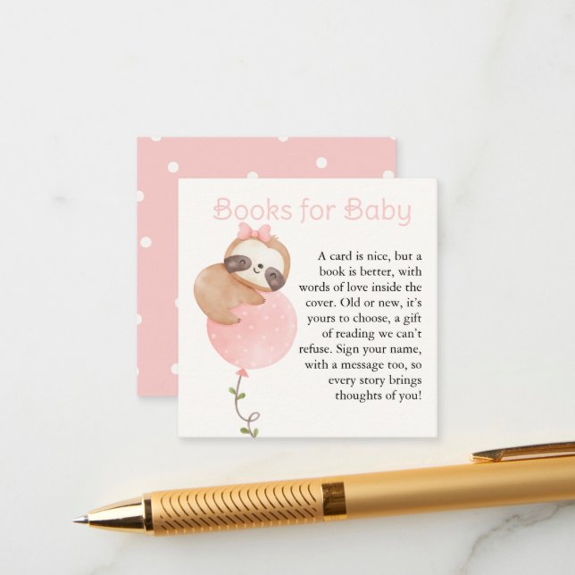 Niedliche Sloth Baby Girl Baby Shower Books Begleitkarte (Vorderseite/Rückseite Beispiel)