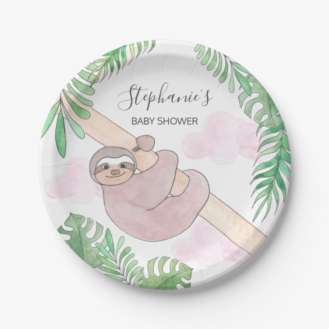 Niedliche Sloth Baby Girl Babydusche Pappteller (Vorderseite)