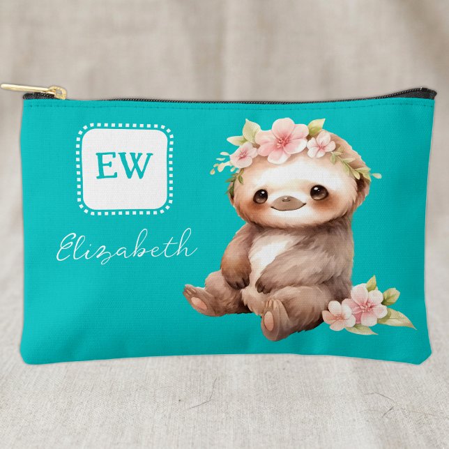 Niedliche Sloth fügen Initialen Namen Türkis hinzu Zubehörtasche (Von Creator hochgeladen)