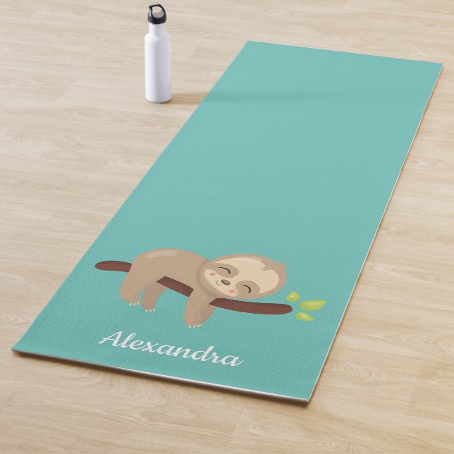 Niedliche Sloth Kawaii Tierabbildungen auf Aqua Bl Yogamatte (Beispiel)