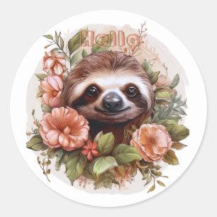 Niedliche Sloth mit Blume Hallo Runder Aufkleber