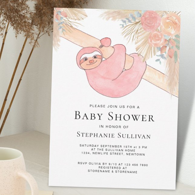 Niedliche Sloth Pampas Grass Girl's Baby Shower Einladung (Von Creator hochgeladen)