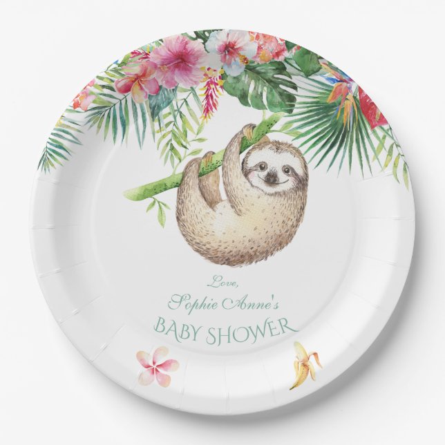 Niedliche Sloth Tropical Floral Bouquet Boy Babydu Pappteller (Vorderseite)