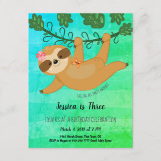 Niedliche Sloth Tropical Girly Birthday Party Einladung