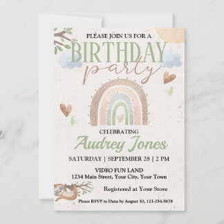 Niedliche Sloth und Boho Rainbow Birthday Party Einladung