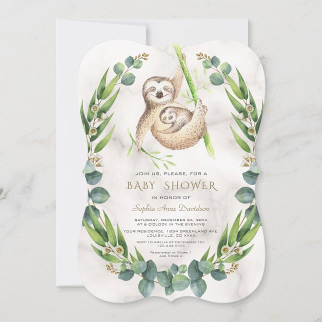 Niedliche Sloths Eucalyptus Wreath Baby Dusche Einladung (Vorderseite)