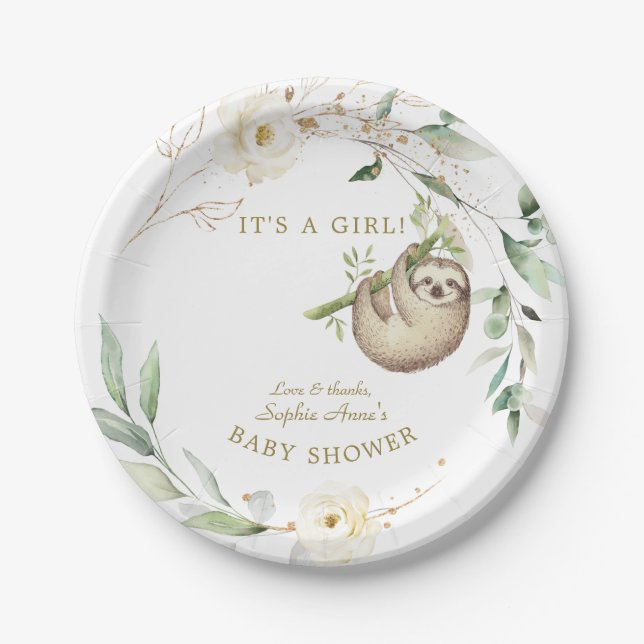 Niedliche Sloths Floral Greenery Girl Babydusche Pappteller (Vorderseite)