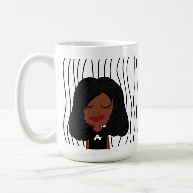 Niedliche Smirking Frau Stripte Tasse. Suchen Kaffeetasse (Links)
